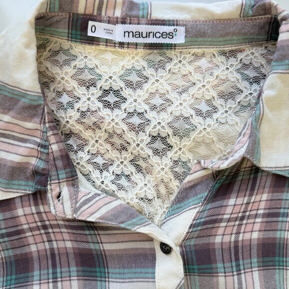Maurices Plaid Button Long Sleeve Shirt w/ Lace Detail 100% Rayon Womens Size 0 - Picture 6 of 7